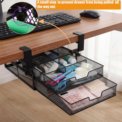 Under Desk Drawer Organizer Slide Out, 2-Tier Metal Under Table Storage Drawers Clamp On for Home Office, Black, No Drilling