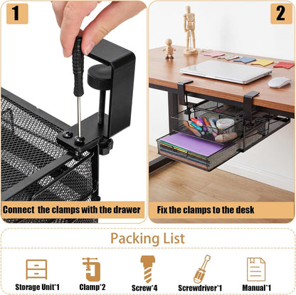 Under Desk Drawer Organizer Slide Out, 2-Tier Metal Under Table Storage Drawers Clamp On for Home Office, Black, No Drilling