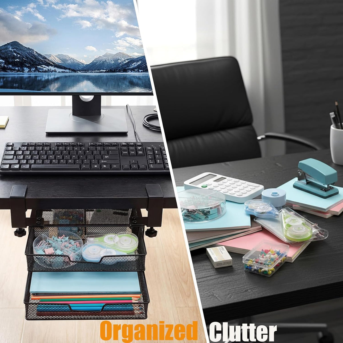 Under Desk Drawer Organizer Slide Out, 2-Tier Metal Under Table Storage Drawers Clamp On for Home Office, Black, No Drilling