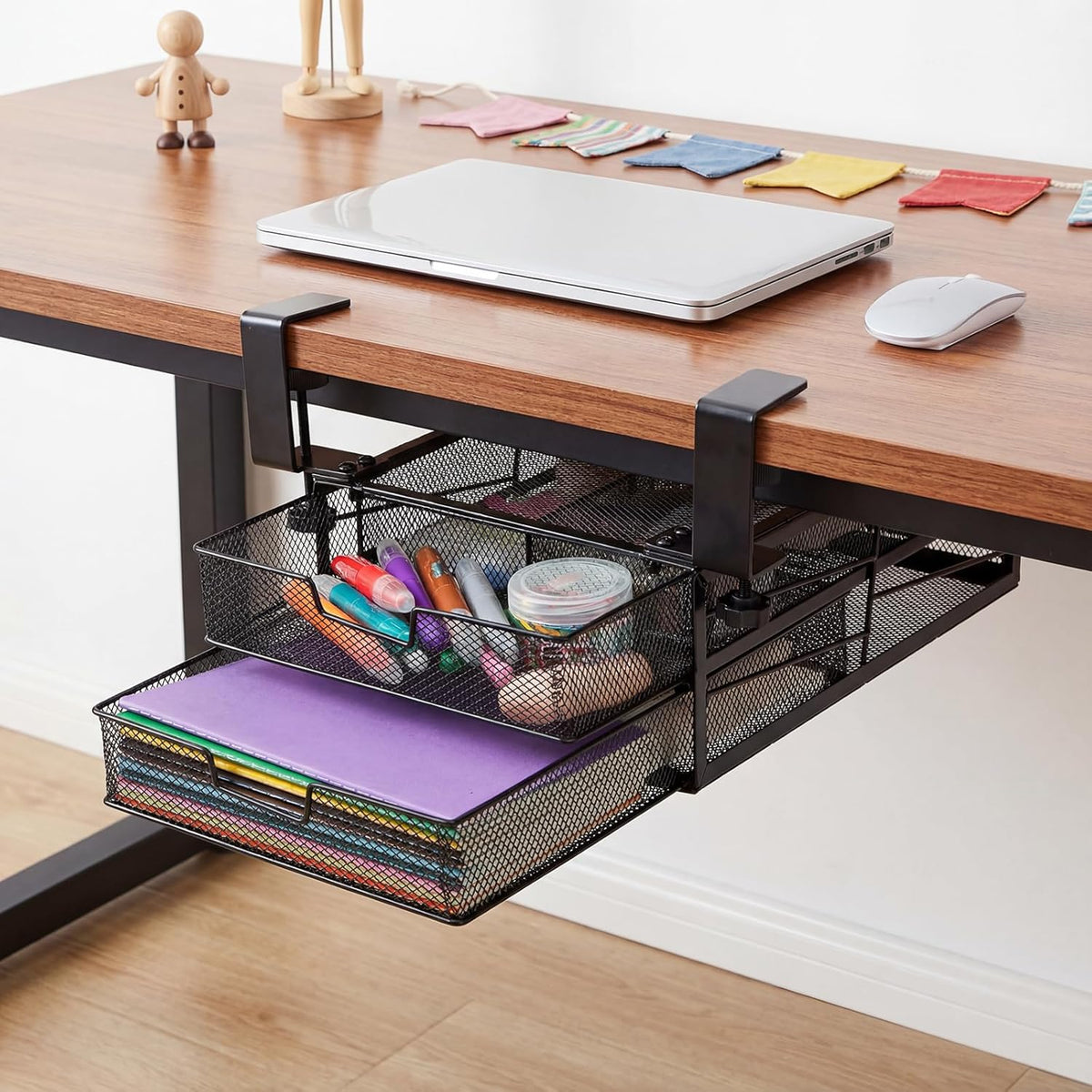 Under Desk Drawer Organizer Slide Out, 2-Tier Metal Under Table Storage Drawers Clamp On for Home Office, Black, No Drilling