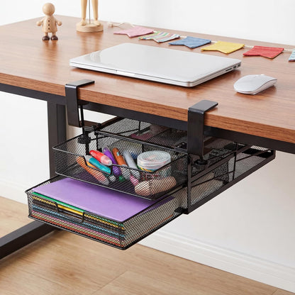 Under Desk Drawer Organizer Slide Out, 2-Tier Metal Under Table Storage Drawers Clamp On for Home Office, Black, No Drilling