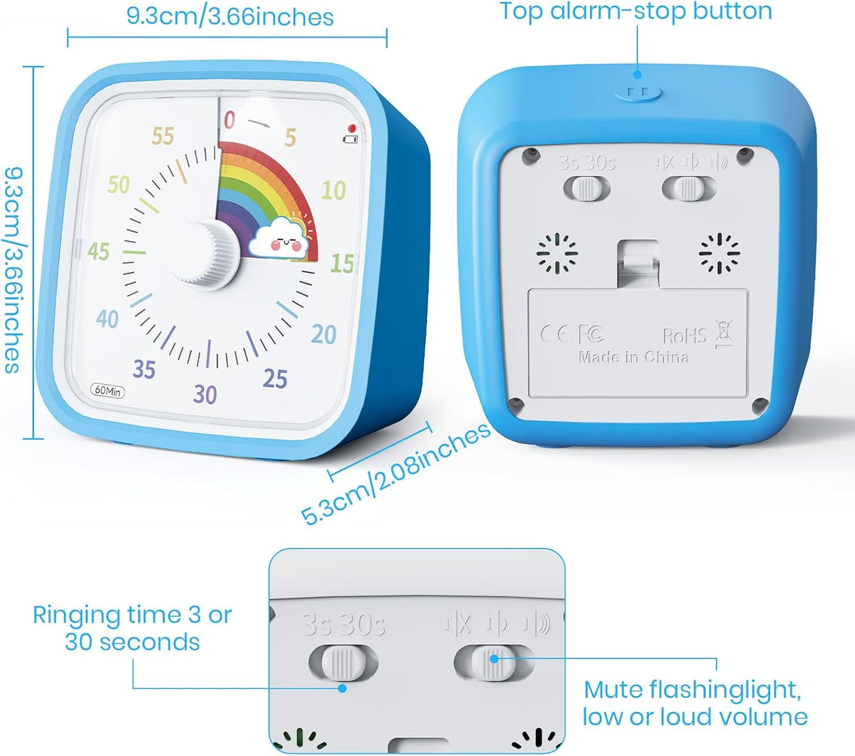 Rainbow Visual Timer for Kids, 60-min Countdown Timer, Blue
