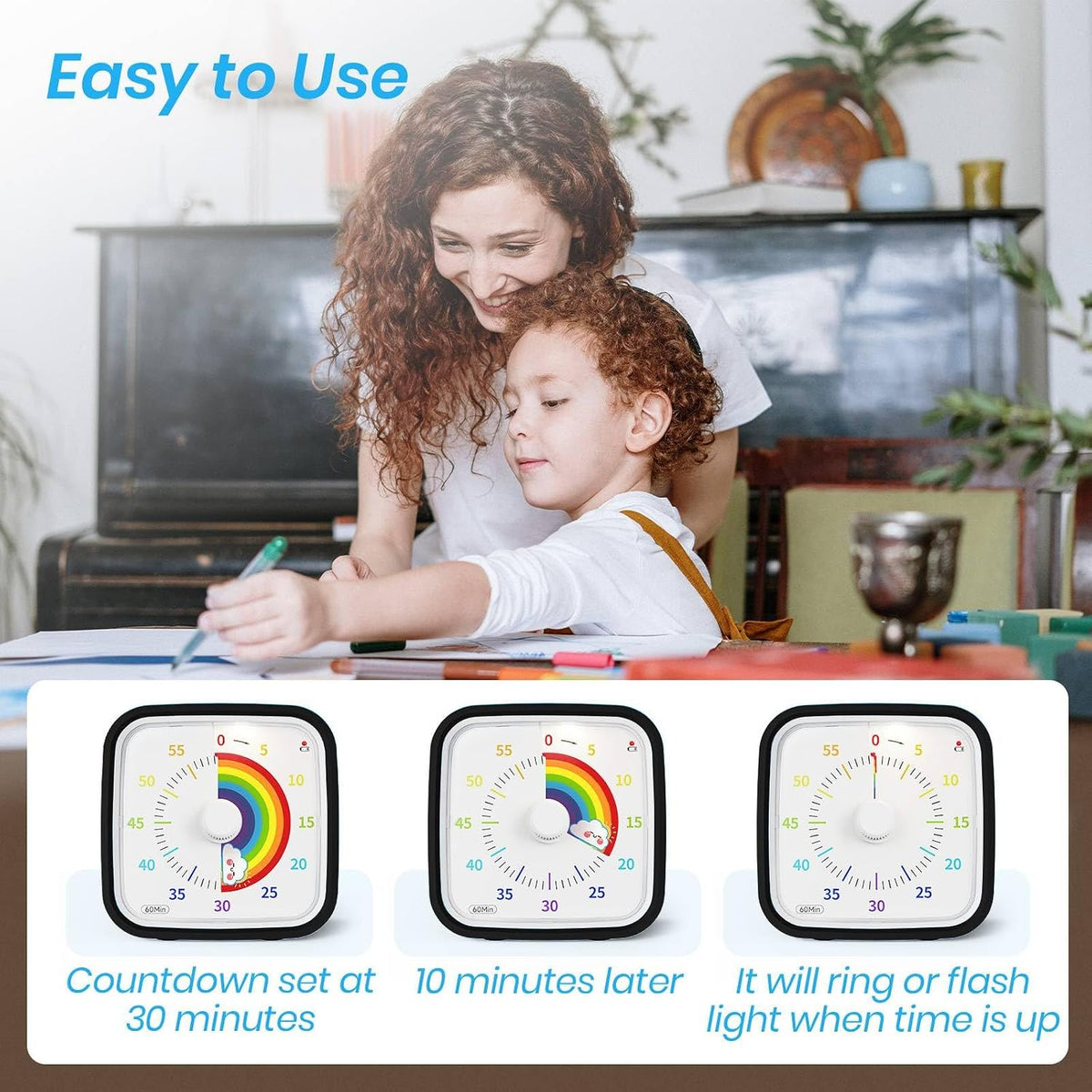 Rainbow Visual Timer for Kids, 60-min Countdown Timer, Blue