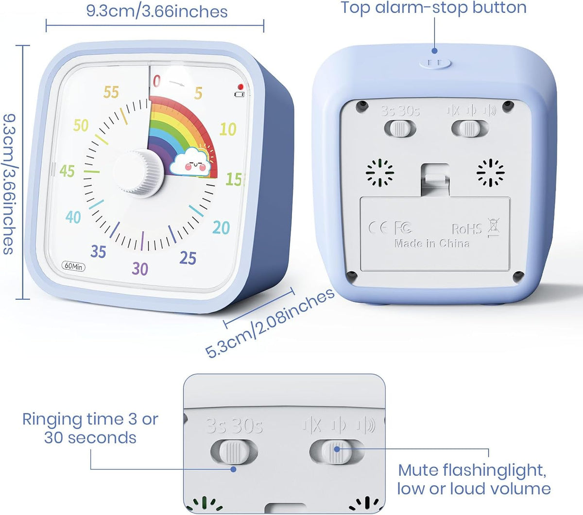 Rainbow Visual Timer for Kids, 60-min Countdown Timer, Blue