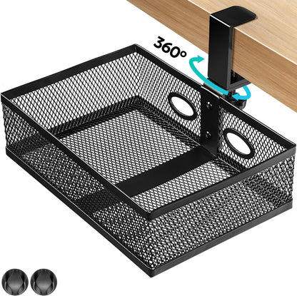 Under Desk Organizer, Clamp On 360 Swivel Mesh Drawer, No Drill, Black