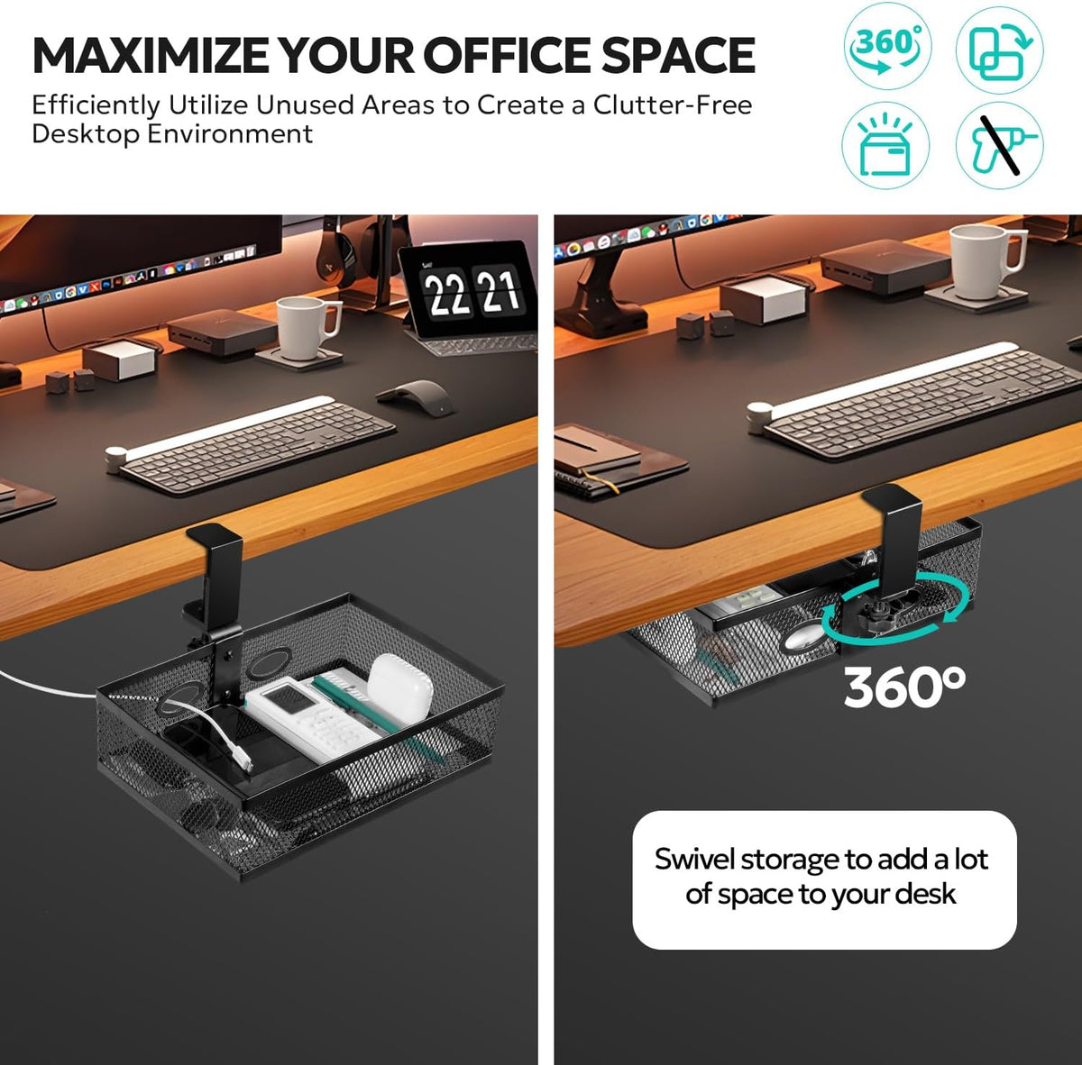 Under Desk Organizer, Clamp On 360 Swivel Mesh Drawer, No Drill, Black