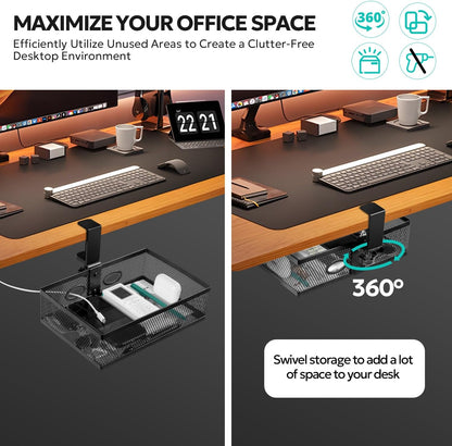 Under Desk Organizer, Clamp On 360 Swivel Mesh Drawer, No Drill, Black