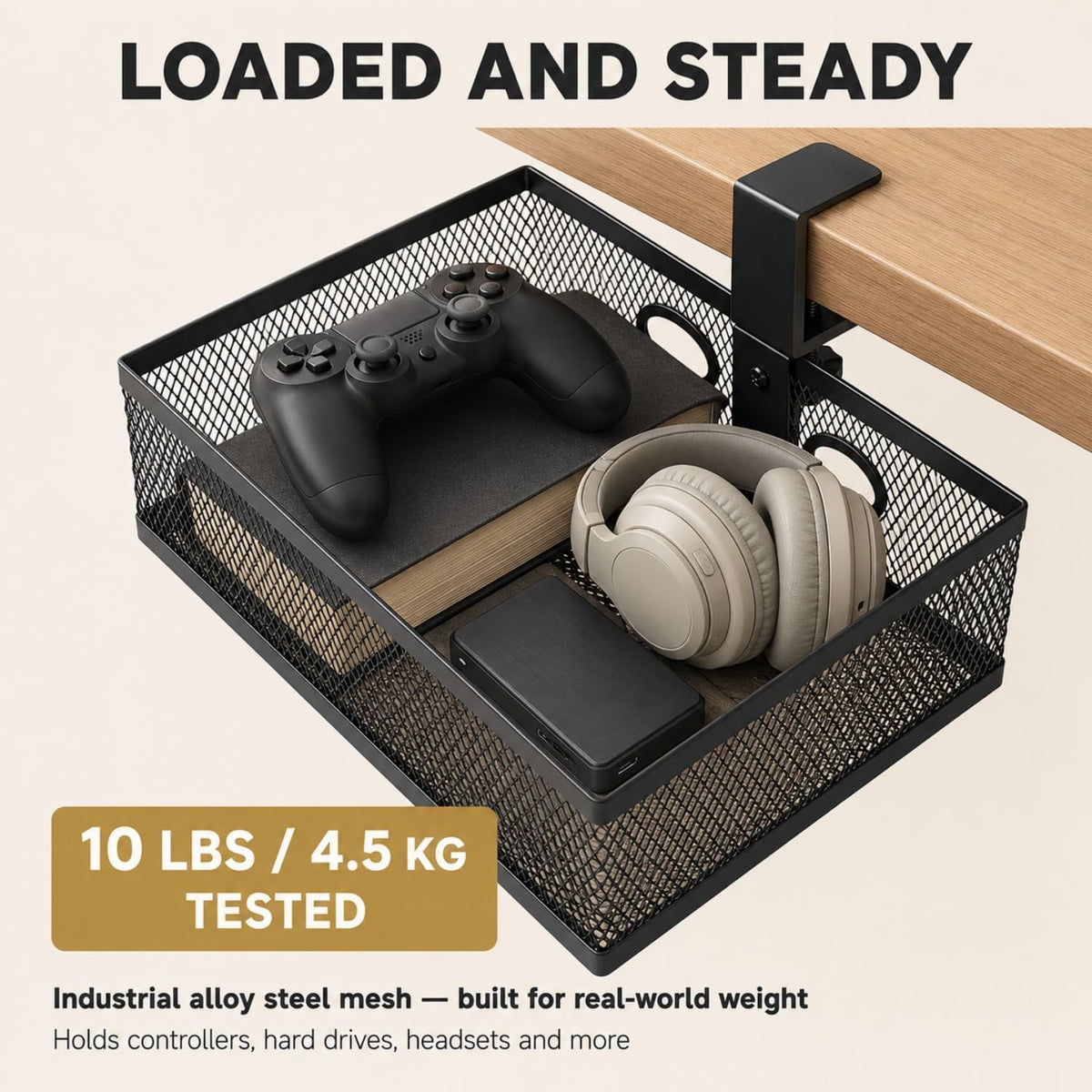 Under Desk Organizer, Clamp On 360 Swivel Mesh Drawer, No Drill, Black