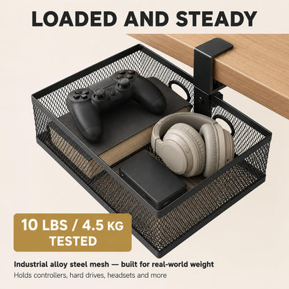 Under Desk Organizer, Clamp On 360 Swivel Mesh Drawer, No Drill, Black