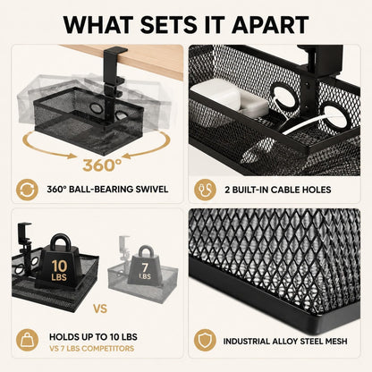 Under Desk Organizer, Clamp On 360 Swivel Mesh Drawer, No Drill, Black