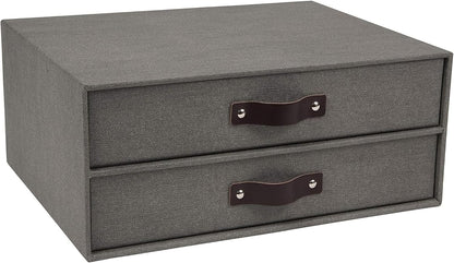 Birger 2-Drawer Canvas Fiberboard Easy Pull Handle Document Letter Box | Desktop Drawers for Loose Papers and Documents | Desktop Storage Drawers with Leather Handles | 13.1” x 10” x 5.7” | Grey