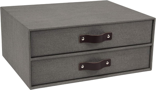 Birger 2-Drawer Canvas Fiberboard Easy Pull Handle Document Letter Box | Desktop Drawers for Loose Papers and Documents | Desktop Storage Drawers with Leather Handles | 13.1” x 10” x 5.7” | Grey
