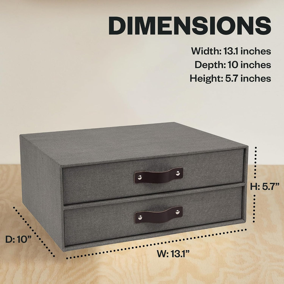 Birger 2-Drawer Canvas Fiberboard Easy Pull Handle Document Letter Box | Desktop Drawers for Loose Papers and Documents | Desktop Storage Drawers with Leather Handles | 13.1” x 10” x 5.7” | Grey
