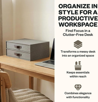 Birger 2-Drawer Canvas Fiberboard Easy Pull Handle Document Letter Box | Desktop Drawers for Loose Papers and Documents | Desktop Storage Drawers with Leather Handles | 13.1” x 10” x 5.7” | Grey