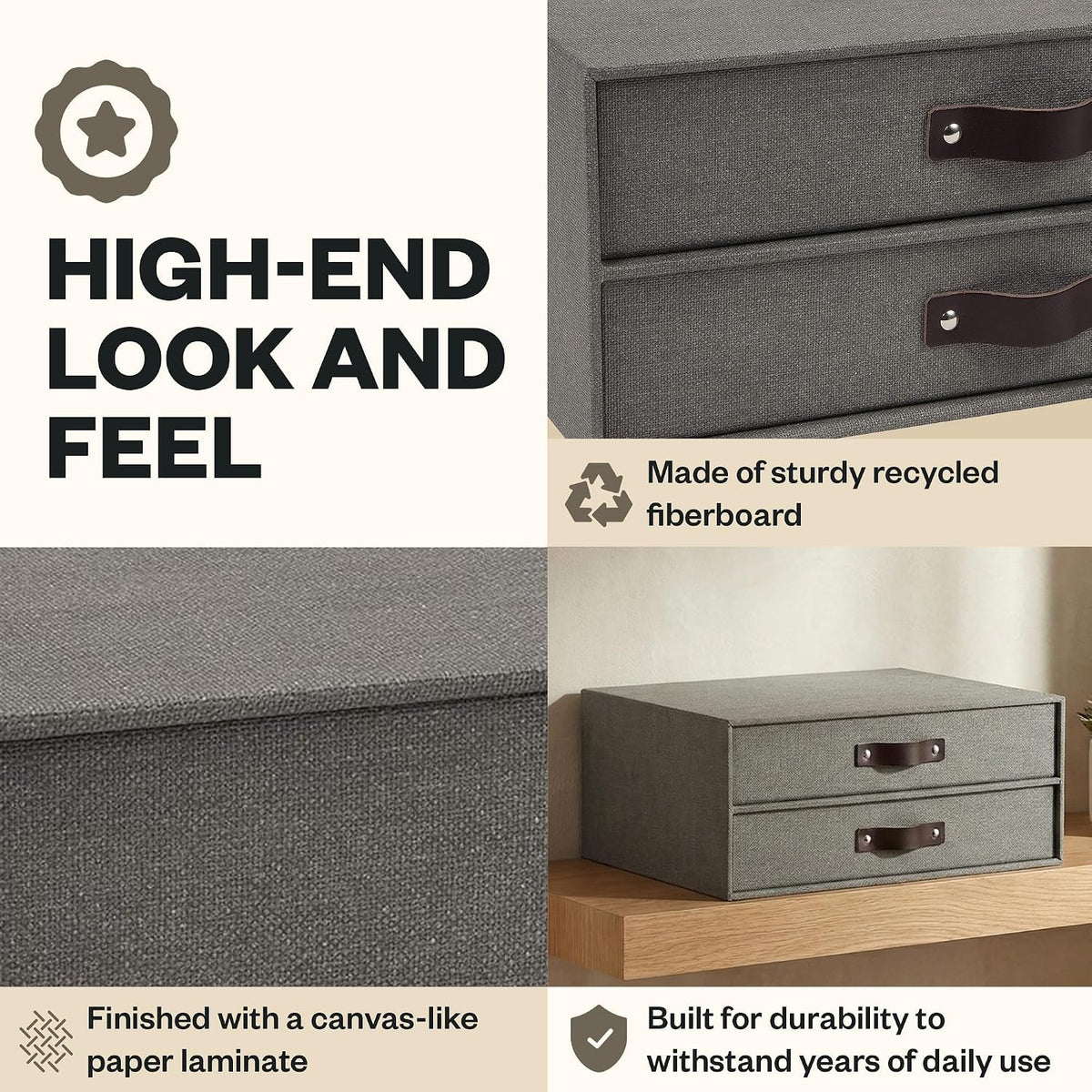Birger 2-Drawer Canvas Fiberboard Easy Pull Handle Document Letter Box | Desktop Drawers for Loose Papers and Documents | Desktop Storage Drawers with Leather Handles | 13.1” x 10” x 5.7” | Grey