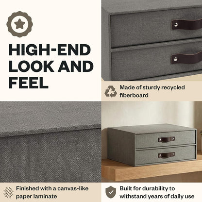 Birger 2-Drawer Canvas Fiberboard Easy Pull Handle Document Letter Box | Desktop Drawers for Loose Papers and Documents | Desktop Storage Drawers with Leather Handles | 13.1” x 10” x 5.7” | Grey
