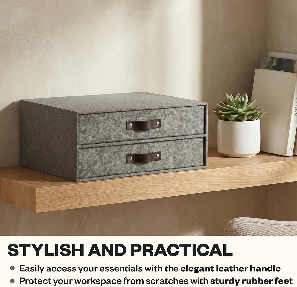 Birger 2-Drawer Canvas Fiberboard Easy Pull Handle Document Letter Box | Desktop Drawers for Loose Papers and Documents | Desktop Storage Drawers with Leather Handles | 13.1” x 10” x 5.7” | Grey