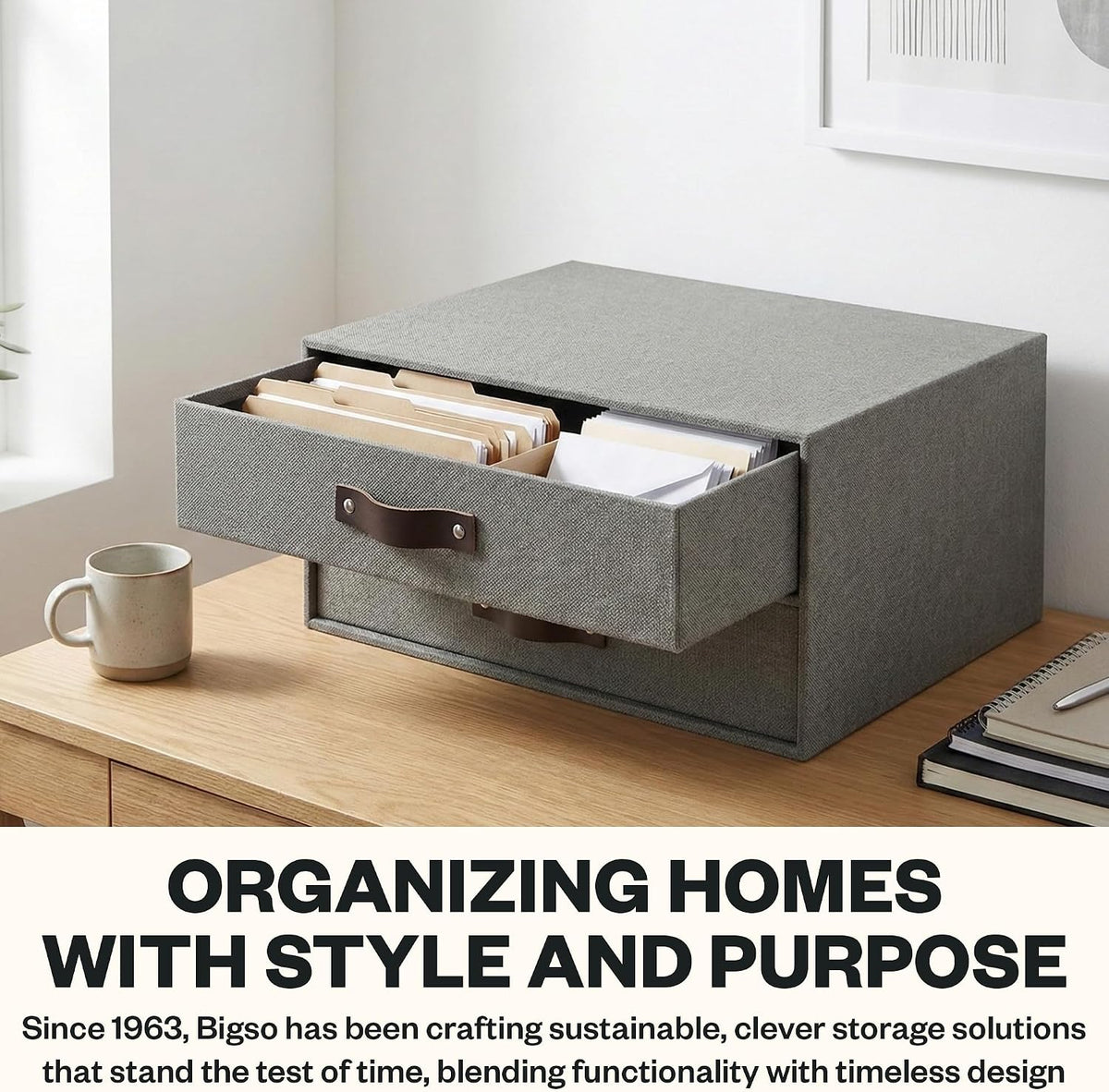 Birger 2-Drawer Canvas Fiberboard Easy Pull Handle Document Letter Box | Desktop Drawers for Loose Papers and Documents | Desktop Storage Drawers with Leather Handles | 13.1” x 10” x 5.7” | Grey