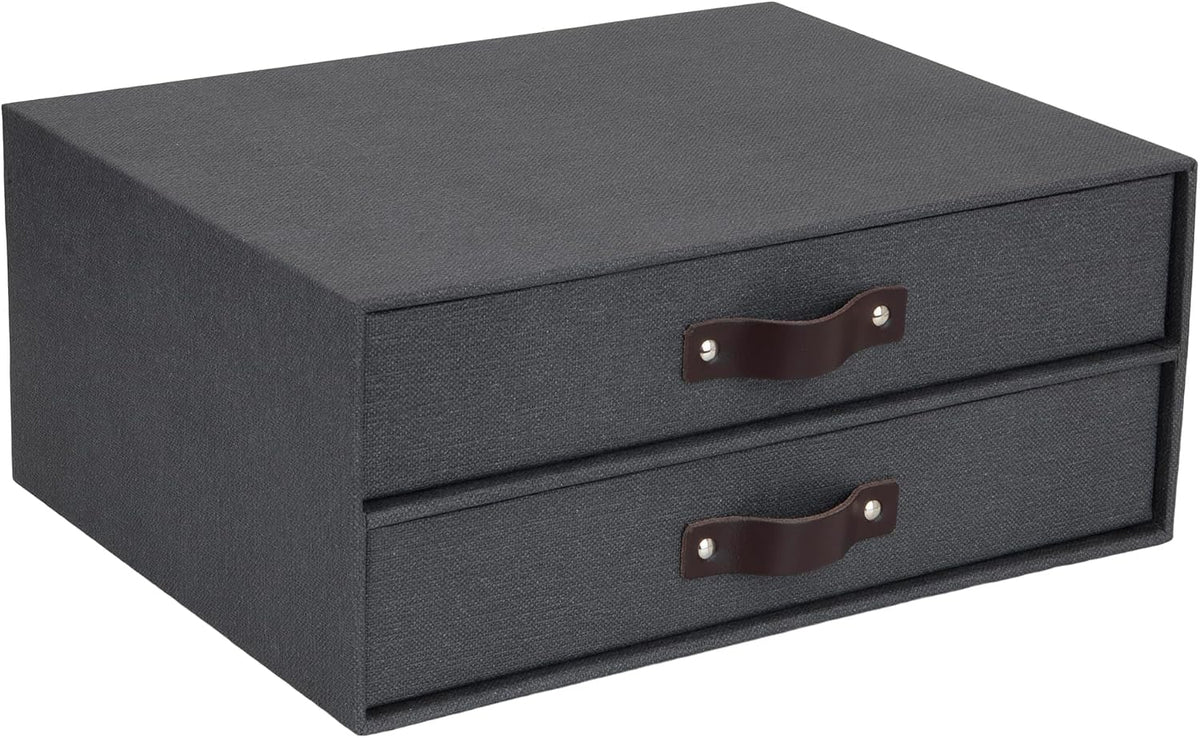 Birger 2-Drawer Canvas Fiberboard Easy Pull Handle Document Letter Box | Desktop Drawers for Loose Papers and Documents | Desktop Storage Drawers with Leather Handles | 13.1” x 10” x 5.7” | Grey