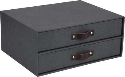Birger 2-Drawer Canvas Fiberboard Easy Pull Handle Document Letter Box | Desktop Drawers for Loose Papers and Documents | Desktop Storage Drawers with Leather Handles | 13.1” x 10” x 5.7” | Grey