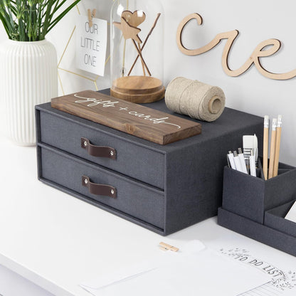 Birger 2-Drawer Canvas Fiberboard Easy Pull Handle Document Letter Box | Desktop Drawers for Loose Papers and Documents | Desktop Storage Drawers with Leather Handles | 13.1” x 10” x 5.7” | Grey