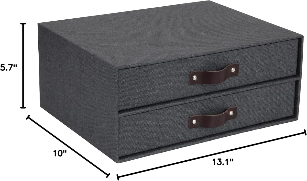 Birger 2-Drawer Canvas Fiberboard Easy Pull Handle Document Letter Box | Desktop Drawers for Loose Papers and Documents | Desktop Storage Drawers with Leather Handles | 13.1” x 10” x 5.7” | Grey