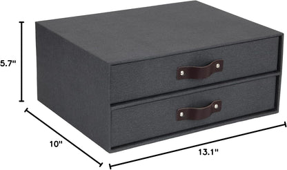 Birger 2-Drawer Canvas Fiberboard Easy Pull Handle Document Letter Box | Desktop Drawers for Loose Papers and Documents | Desktop Storage Drawers with Leather Handles | 13.1” x 10” x 5.7” | Grey