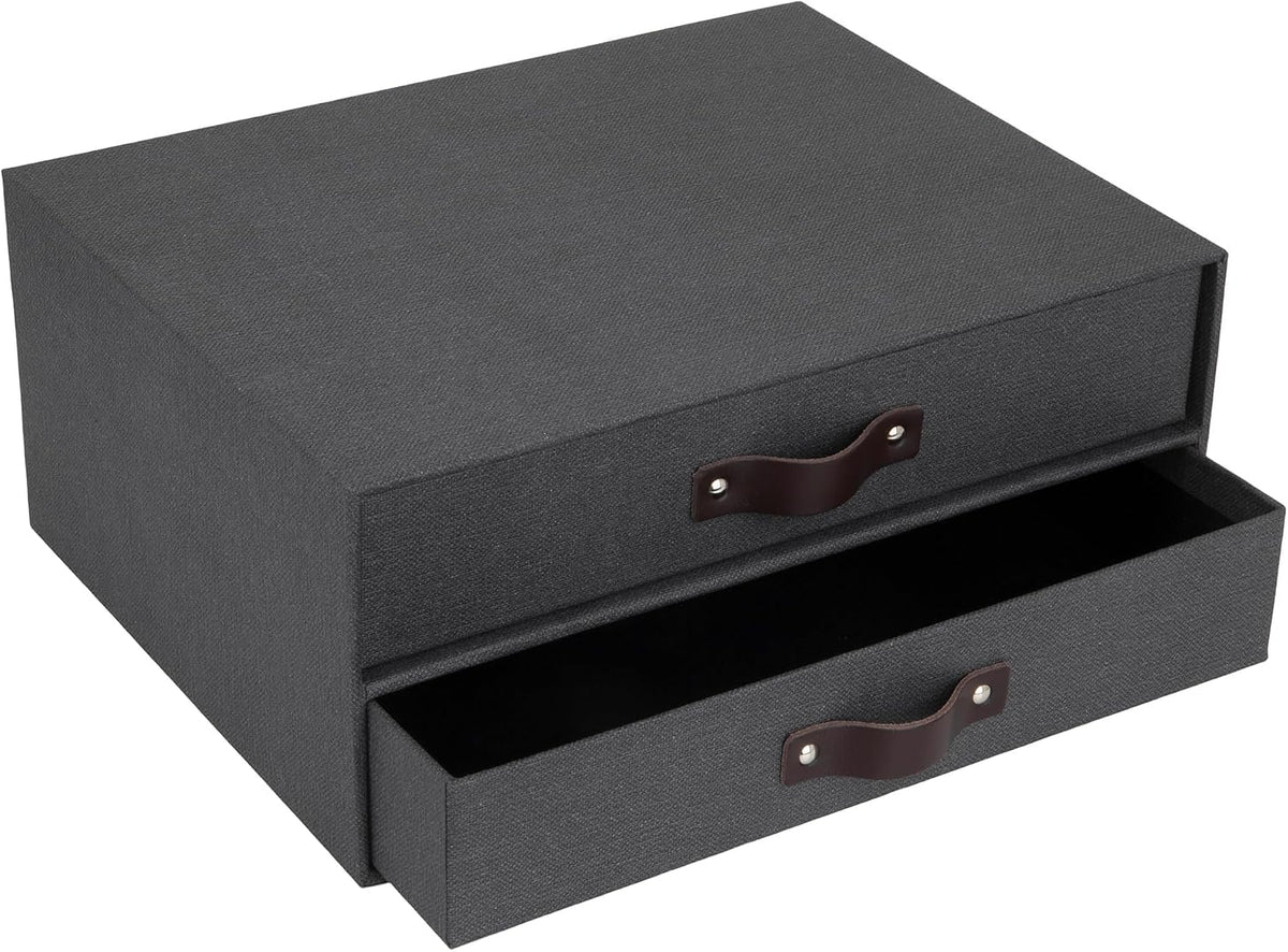 Birger 2-Drawer Canvas Fiberboard Easy Pull Handle Document Letter Box | Desktop Drawers for Loose Papers and Documents | Desktop Storage Drawers with Leather Handles | 13.1” x 10” x 5.7” | Grey