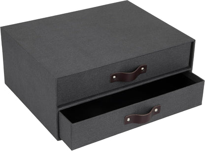 Birger 2-Drawer Canvas Fiberboard Easy Pull Handle Document Letter Box | Desktop Drawers for Loose Papers and Documents | Desktop Storage Drawers with Leather Handles | 13.1” x 10” x 5.7” | Grey