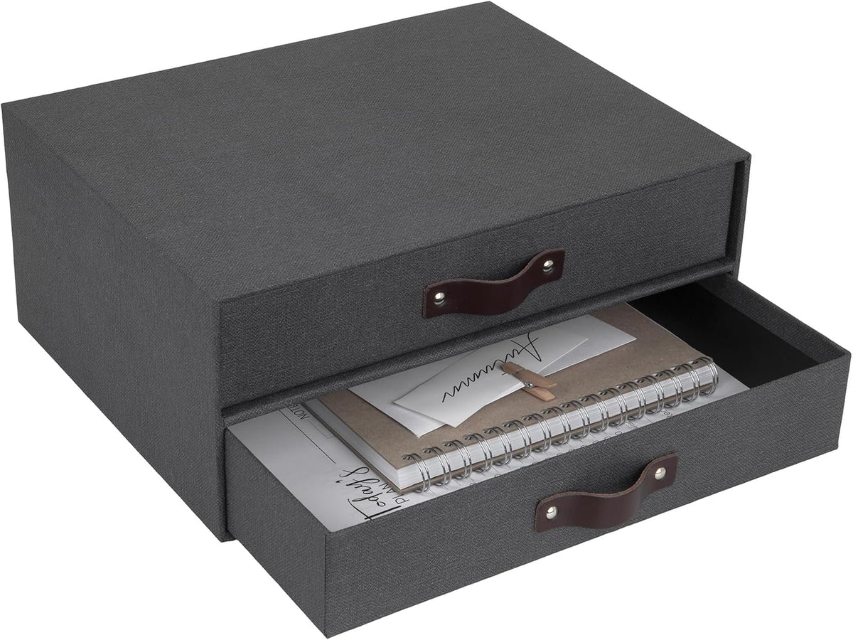 Birger 2-Drawer Canvas Fiberboard Easy Pull Handle Document Letter Box | Desktop Drawers for Loose Papers and Documents | Desktop Storage Drawers with Leather Handles | 13.1” x 10” x 5.7” | Grey