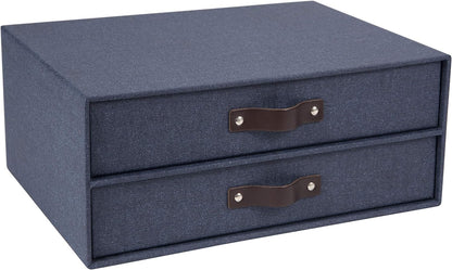 Birger 2-Drawer Canvas Fiberboard Easy Pull Handle Document Letter Box | Desktop Drawers for Loose Papers and Documents | Desktop Storage Drawers with Leather Handles | 13.1” x 10” x 5.7” | Grey