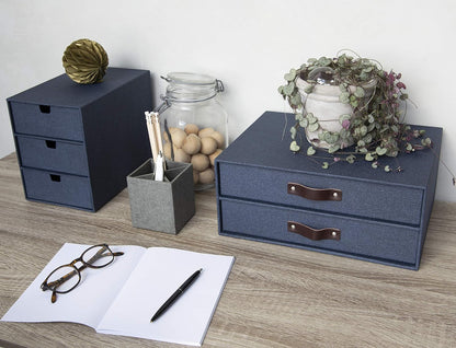 Birger 2-Drawer Canvas Fiberboard Easy Pull Handle Document Letter Box | Desktop Drawers for Loose Papers and Documents | Desktop Storage Drawers with Leather Handles | 13.1” x 10” x 5.7” | Grey