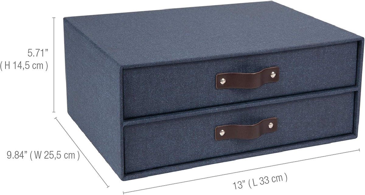 Birger 2-Drawer Canvas Fiberboard Easy Pull Handle Document Letter Box | Desktop Drawers for Loose Papers and Documents | Desktop Storage Drawers with Leather Handles | 13.1” x 10” x 5.7” | Grey