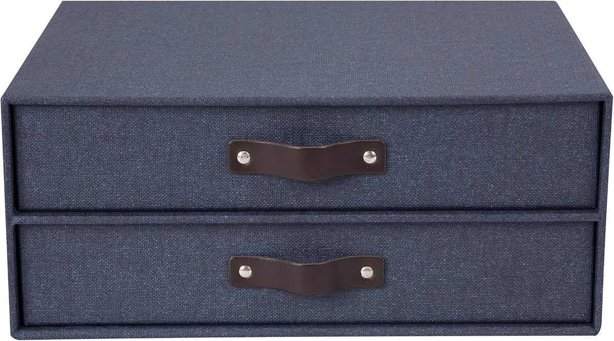 Birger 2-Drawer Canvas Fiberboard Easy Pull Handle Document Letter Box | Desktop Drawers for Loose Papers and Documents | Desktop Storage Drawers with Leather Handles | 13.1” x 10” x 5.7” | Grey