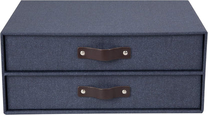 Birger 2-Drawer Canvas Fiberboard Easy Pull Handle Document Letter Box | Desktop Drawers for Loose Papers and Documents | Desktop Storage Drawers with Leather Handles | 13.1” x 10” x 5.7” | Grey