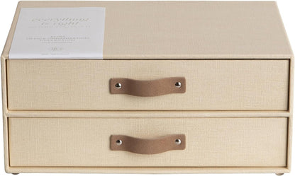 Birger 2-Drawer Canvas Fiberboard Easy Pull Handle Document Letter Box | Desktop Drawers for Loose Papers and Documents | Desktop Storage Drawers with Leather Handles | 13.1” x 10” x 5.7” | Grey