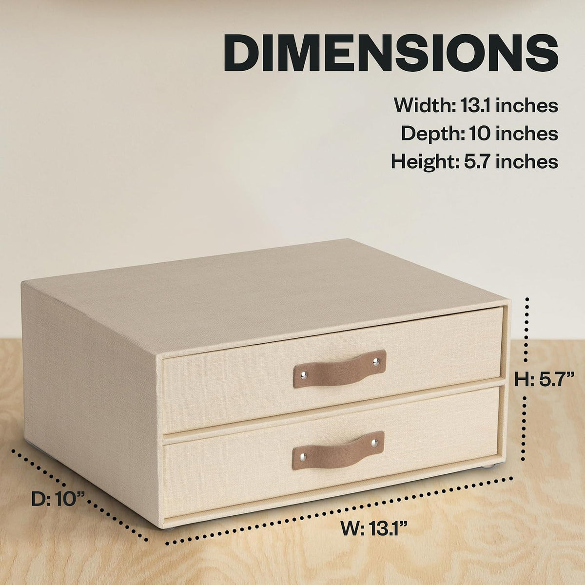 Birger 2-Drawer Canvas Fiberboard Easy Pull Handle Document Letter Box | Desktop Drawers for Loose Papers and Documents | Desktop Storage Drawers with Leather Handles | 13.1” x 10” x 5.7” | Grey