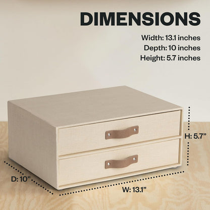 Birger 2-Drawer Canvas Fiberboard Easy Pull Handle Document Letter Box | Desktop Drawers for Loose Papers and Documents | Desktop Storage Drawers with Leather Handles | 13.1” x 10” x 5.7” | Grey
