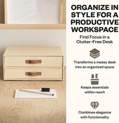 Birger 2-Drawer Canvas Fiberboard Easy Pull Handle Document Letter Box | Desktop Drawers for Loose Papers and Documents | Desktop Storage Drawers with Leather Handles | 13.1” x 10” x 5.7” | Grey
