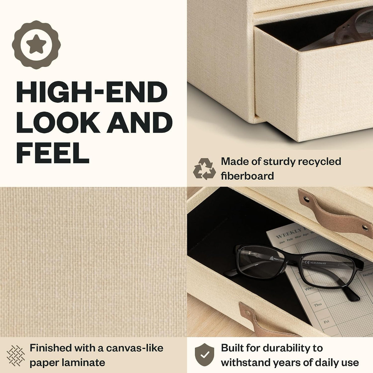Birger 2-Drawer Canvas Fiberboard Easy Pull Handle Document Letter Box | Desktop Drawers for Loose Papers and Documents | Desktop Storage Drawers with Leather Handles | 13.1” x 10” x 5.7” | Grey