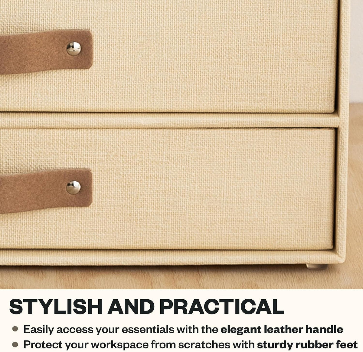 Birger 2-Drawer Canvas Fiberboard Easy Pull Handle Document Letter Box | Desktop Drawers for Loose Papers and Documents | Desktop Storage Drawers with Leather Handles | 13.1” x 10” x 5.7” | Grey