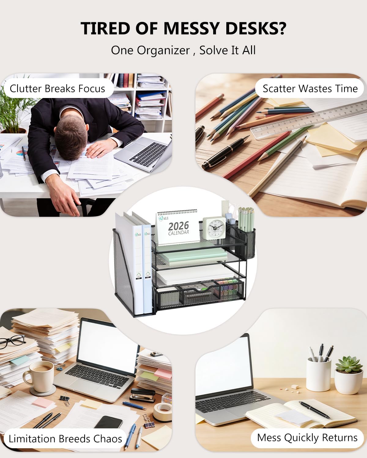 Desk File Organizer, 4 Tier Desktop Paper Letter Tray Organizer with Drawer and 2 Pen Holders, Office Desk Accessories & Workspace Organizers for Office, Home Supplies(DO005DH-B), 1 Pack, Black
