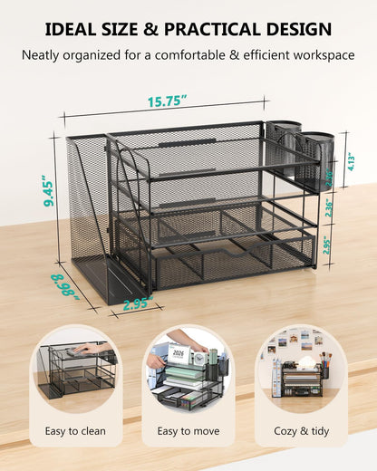 Desk File Organizer, 4 Tier Desktop Paper Letter Tray Organizer with Drawer and 2 Pen Holders, Office Desk Accessories & Workspace Organizers for Office, Home Supplies(DO005DH-B), 1 Pack, Black
