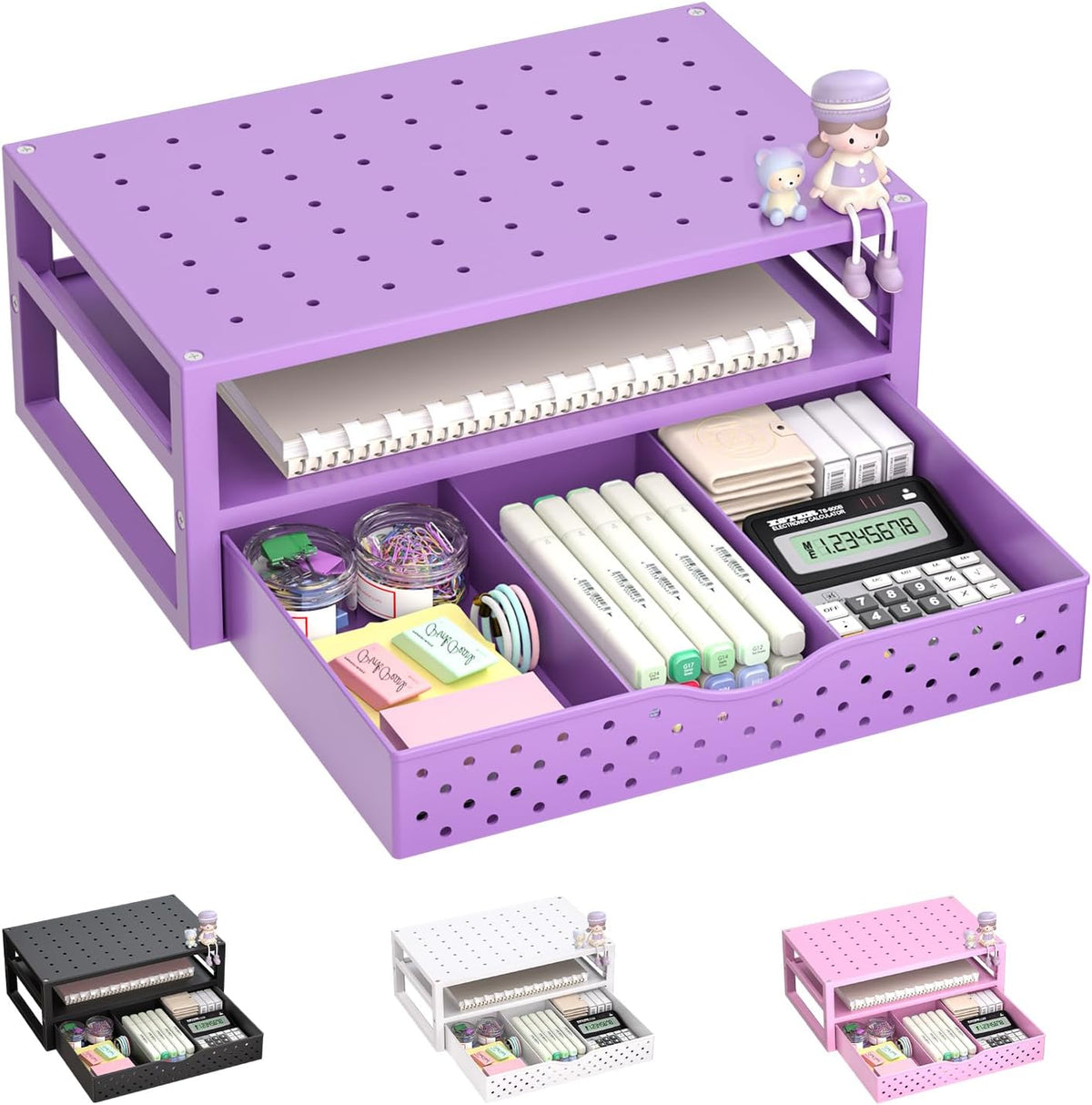Desk File Organizer, 4 Tier Desktop Paper Letter Tray Organizer with Drawer and 2 Pen Holders, Office Desk Accessories & Workspace Organizers for Office, Home Supplies(DO005DH-B), 1 Pack, Black