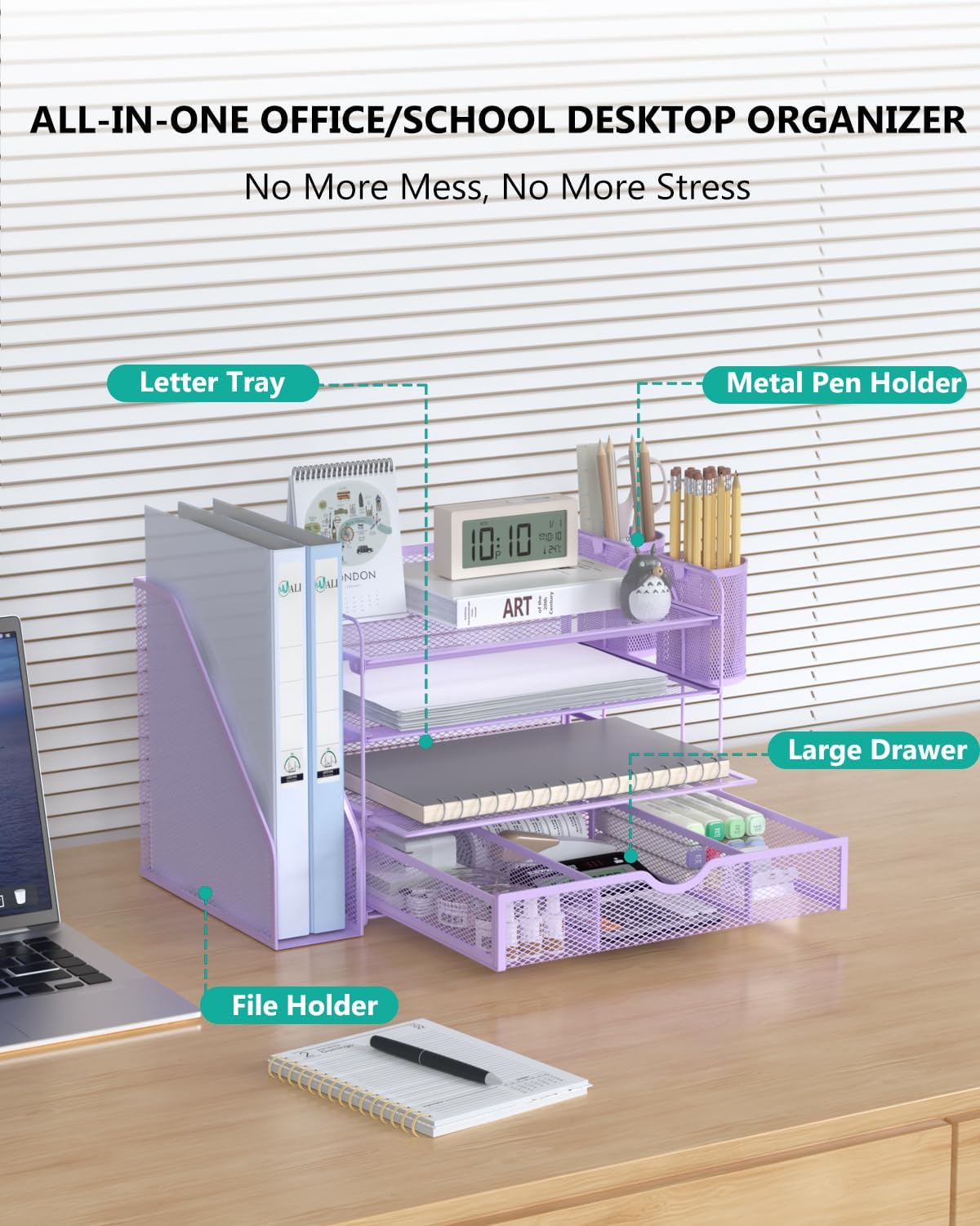 Desk File Organizer, 4 Tier Desktop Paper Letter Tray Organizer with Drawer and 2 Pen Holders, Office Desk Accessories & Workspace Organizers for Office, Home Supplies(DO005DH-B), 1 Pack, Black