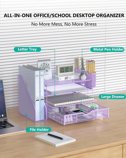 Desk File Organizer, 4 Tier Desktop Paper Letter Tray Organizer with Drawer and 2 Pen Holders, Office Desk Accessories & Workspace Organizers for Office, Home Supplies(DO005DH-B), 1 Pack, Black