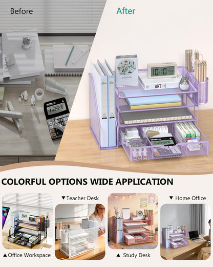 Desk File Organizer, 4 Tier Desktop Paper Letter Tray Organizer with Drawer and 2 Pen Holders, Office Desk Accessories & Workspace Organizers for Office, Home Supplies(DO005DH-B), 1 Pack, Black