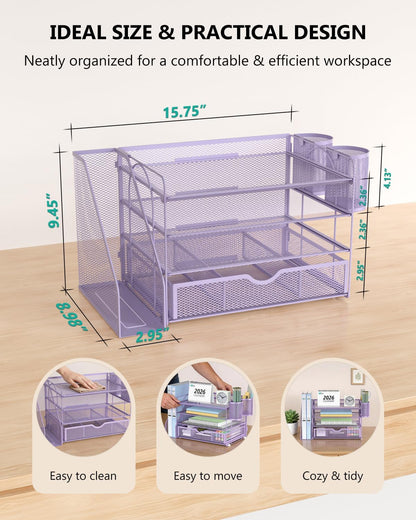 Desk File Organizer, 4 Tier Desktop Paper Letter Tray Organizer with Drawer and 2 Pen Holders, Office Desk Accessories & Workspace Organizers for Office, Home Supplies(DO005DH-B), 1 Pack, Black
