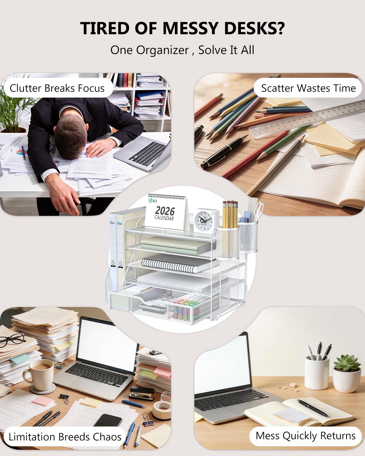Desk File Organizer, 4 Tier Desktop Paper Letter Tray Organizer with Drawer and 2 Pen Holders, Office Desk Accessories & Workspace Organizers for Office, Home Supplies(DO005DH-B), 1 Pack, Black