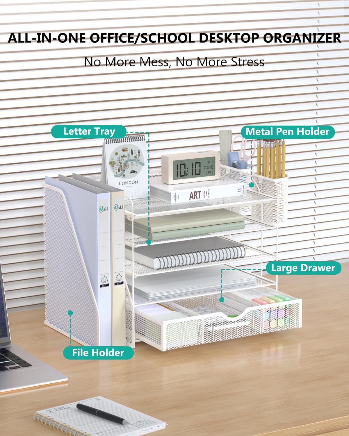 Desk File Organizer, 4 Tier Desktop Paper Letter Tray Organizer with Drawer and 2 Pen Holders, Office Desk Accessories & Workspace Organizers for Office, Home Supplies(DO005DH-B), 1 Pack, Black